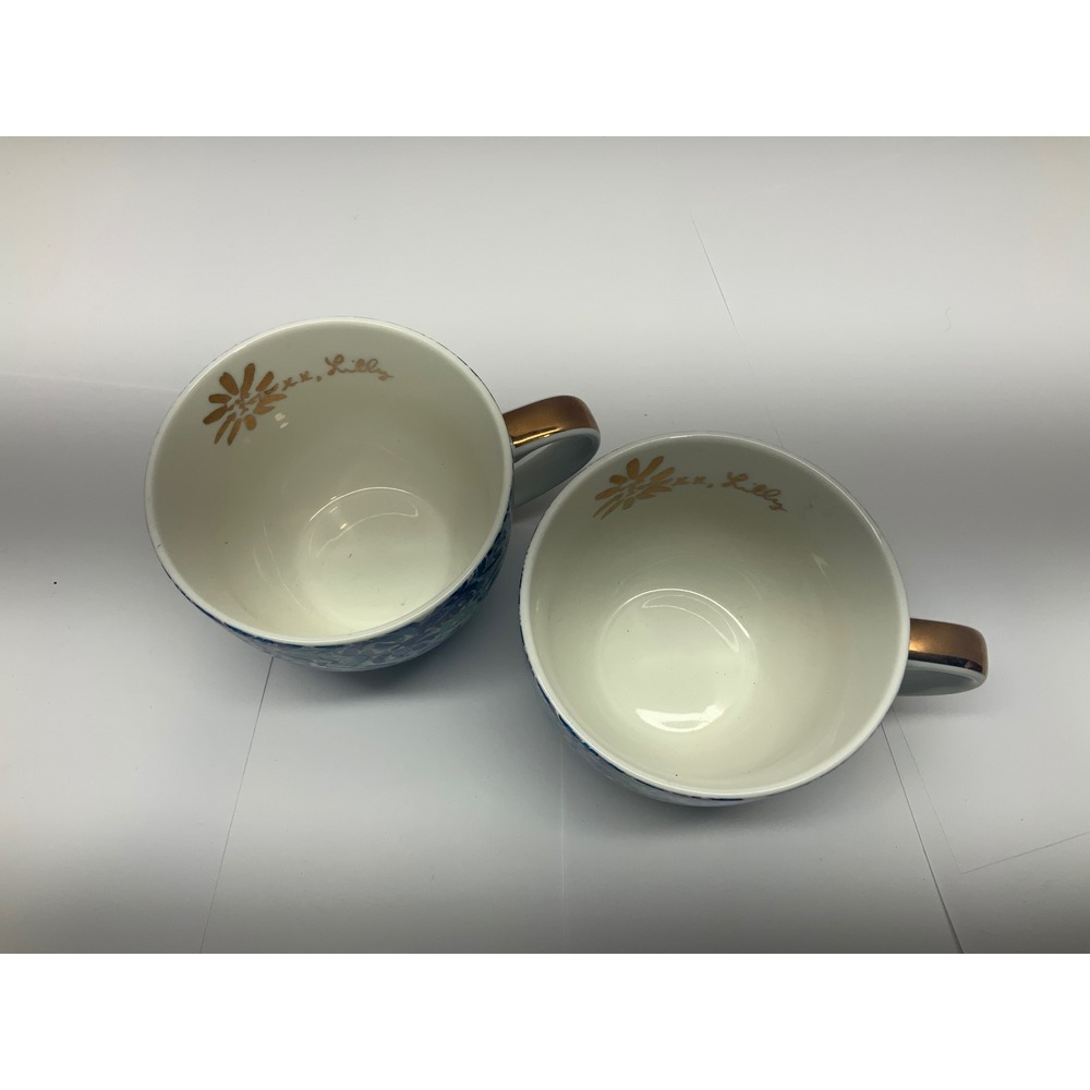 Lilly Pulitzer Ceramic Coffee Mug Set of 2 Blue Floral Gold Handle xx Lilly - Picture 2 of 3